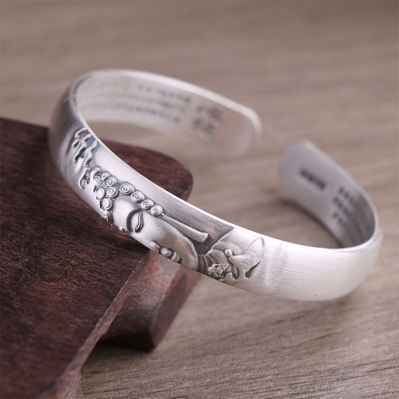 Buddha Stones 999 Sterling Silver Buddha Head Heart Sutra Serenity Bracelet Bangle - image 11