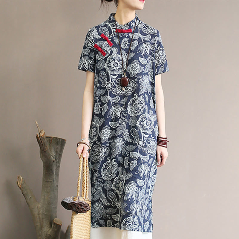 Buddha Stones Blue White Flower Frog-button Cheongsam Dresses Short Sleeve Linen Dresses With Pockets