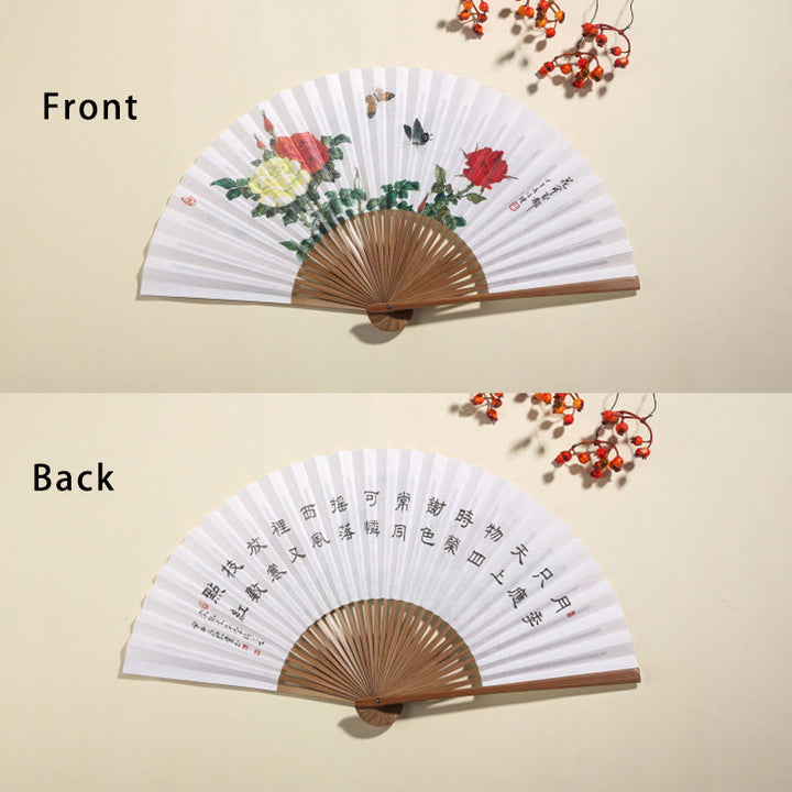 Buddha Stones Pine Tree Garden Peony Handheld Paper Bamboo Folding Fan 26cm