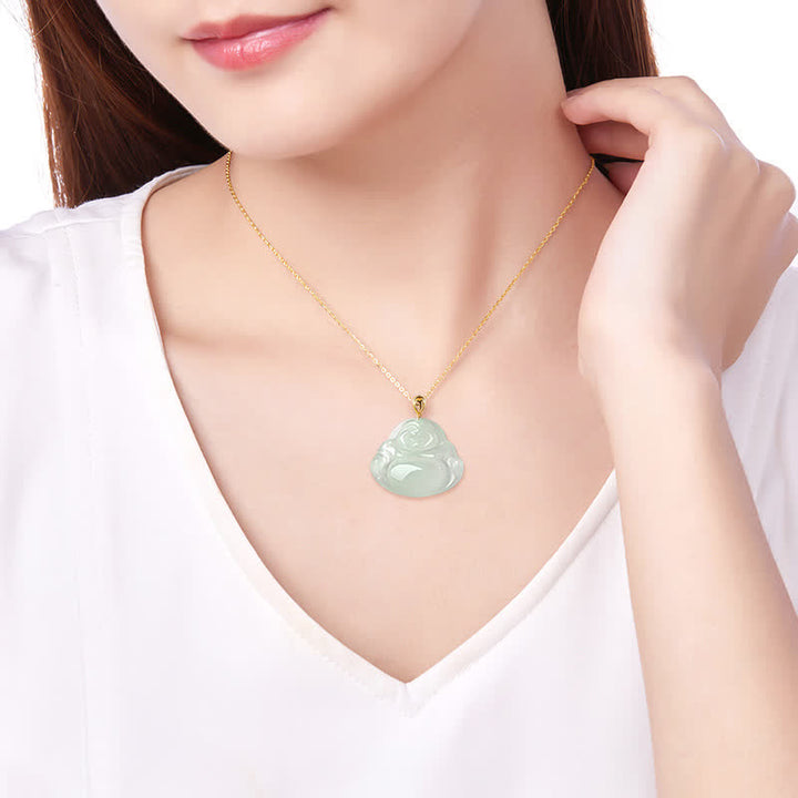 Buddha Stones Laughing Buddha Natural Jade Abundance Titanium Steel Chain Necklace Pendant - image 2