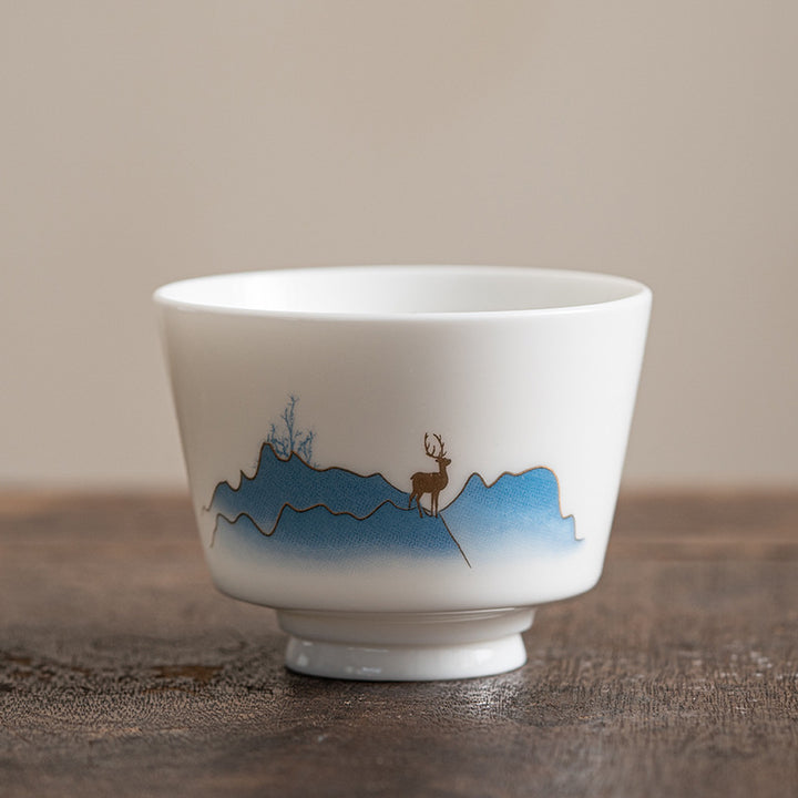 Buddha Stones Lotus Flower Leaf Mountain Pavilion Elk Peony Ceramic Teacup Kung Fu Tea Cup