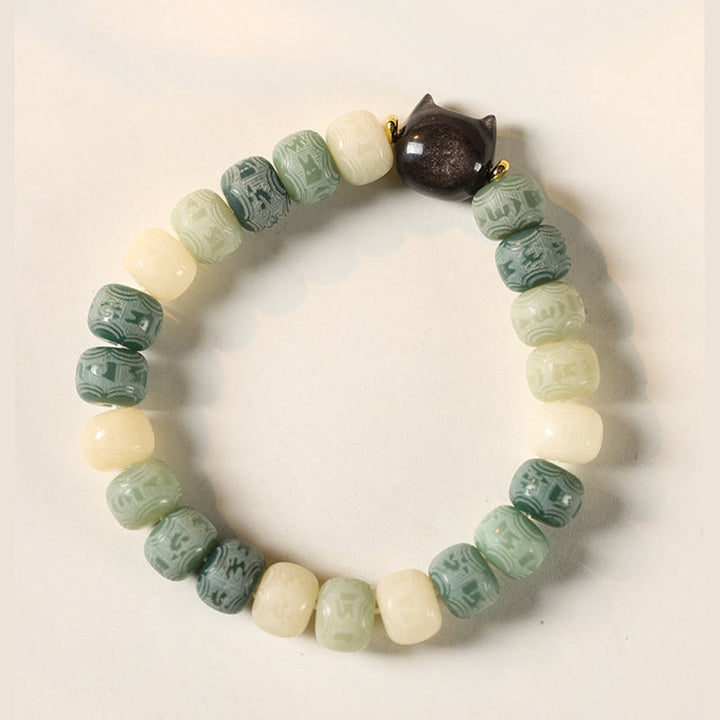 Buddha Stones Bodhi Seed Silver Sheen Obsidian Cat Head Om Mani Padme Hum Engraved Harmony Bracelet - image 10