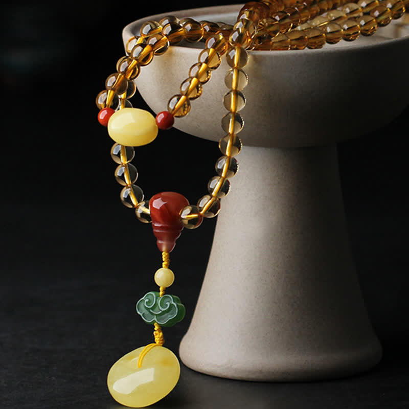 108 Mala Beads Natural Citrine Amber Peace Buckle Red Agate PiXiu Protection Charm Bracelet - image 9