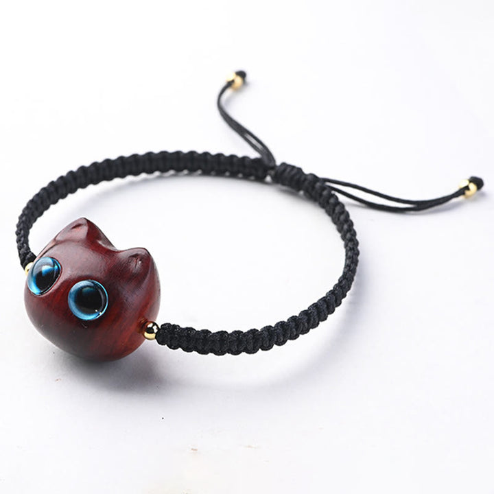 Buddha Stones Small Leaf Red Sandalwood Ebony Wood Cute Cat Head Calm Protection Braided Bracelet - image 5