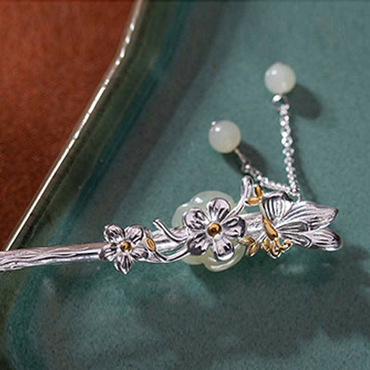 925 Sterling Silver Hetian White Jade Flower Blessing Hairpin - image 9