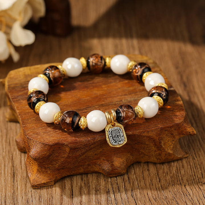 Buddha Stones Tibetan Zakiram Goddess of Wealth Charm Liuli Glass Incense Ash Porcelain Bead Protection Bracelet - White Porcelain - Brown Liuli Glass Bead - image 6