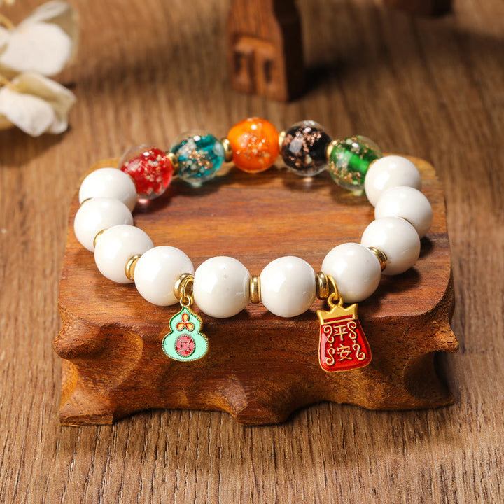 Buddha Stones Tibetan Incense Ash Porcelain Luminous Fluorescent Liuli Glass Bead Gourd Copper Coin Charm Peace Bracelet - Liuli Glass Bead Light Green Gourd - 10mm - image 2