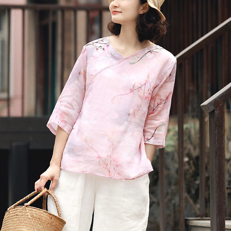 Buddha Stones V-Neck Pink Flower Pattern Ramie Linen Blouse Three Quarter Sleeve Shirt Top