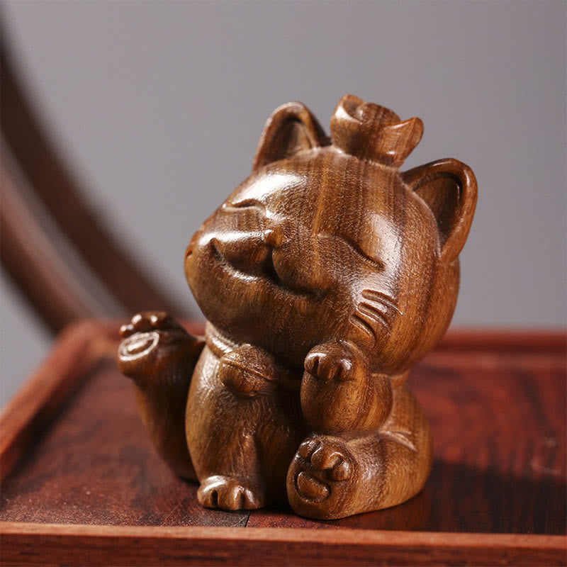 Buddha Stones Mini Green Sandalwood Ingot Lucky Cat Carved Peace Desk Decorations - 5cm - image 1