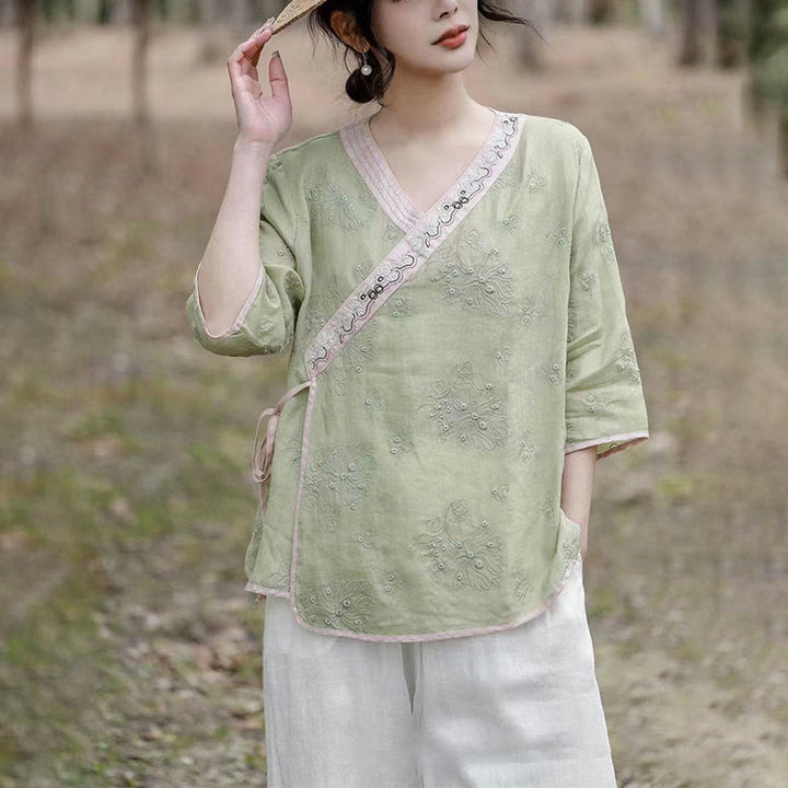 Buddha Stones Flower Embroidery Ramie Three Quarter Sleeve Tee Lace-up V-Neck T-shirt