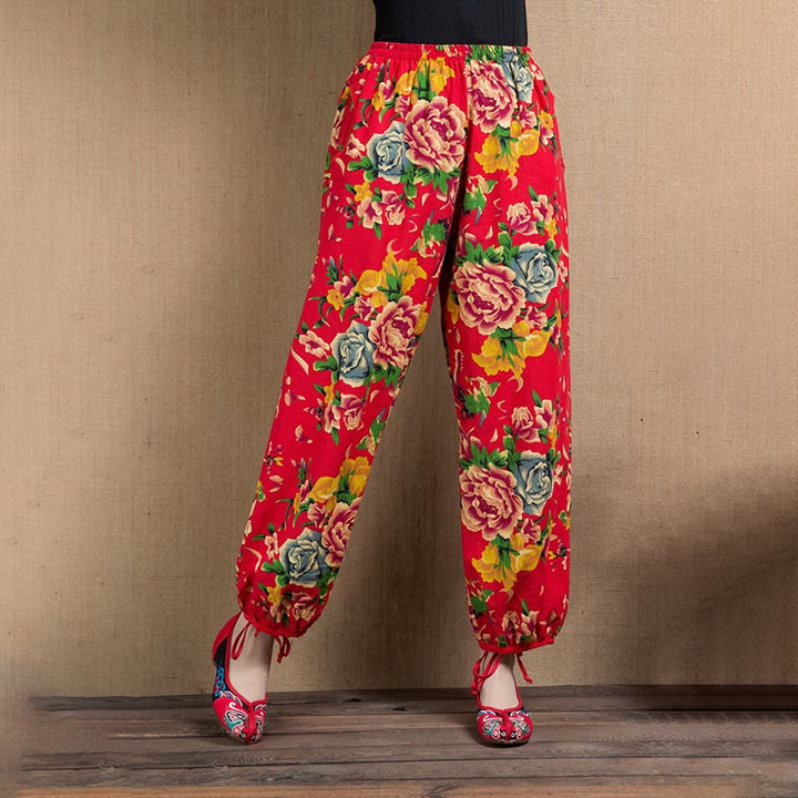 Buddha Stones Ethnic Style Red Green Flowers Print Harem Pants With Pockets