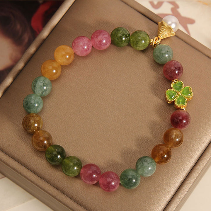 Buddha Stones Colorful Tourmaline Four Leaf Clover Flower Wisdom Bracelet