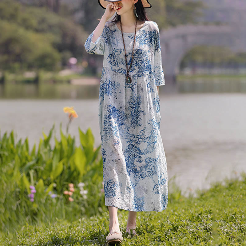 Buddha Stones Flowers Print Midi Dress Cotton Linen Tunic Dress With Pockets