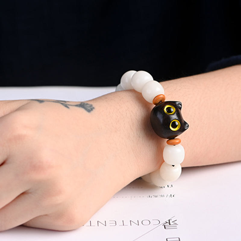 Buddha Stones Natural Bodhi Seed Small Leaf Red Sandalwood Ebony Wood Cute Lucky Cat Wisdom Bracelet - image 14