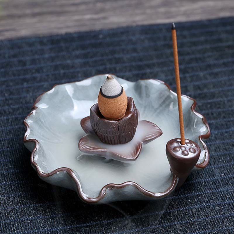Lotus Plum Blossom Square Ceramic Spiritual Backflow Incense Burner - Lotus - image 0