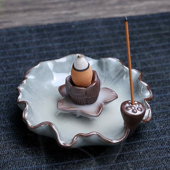 Lotus Plum Blossom Square Ceramic Spiritual Backflow Incense Burner - Lotus - image 0