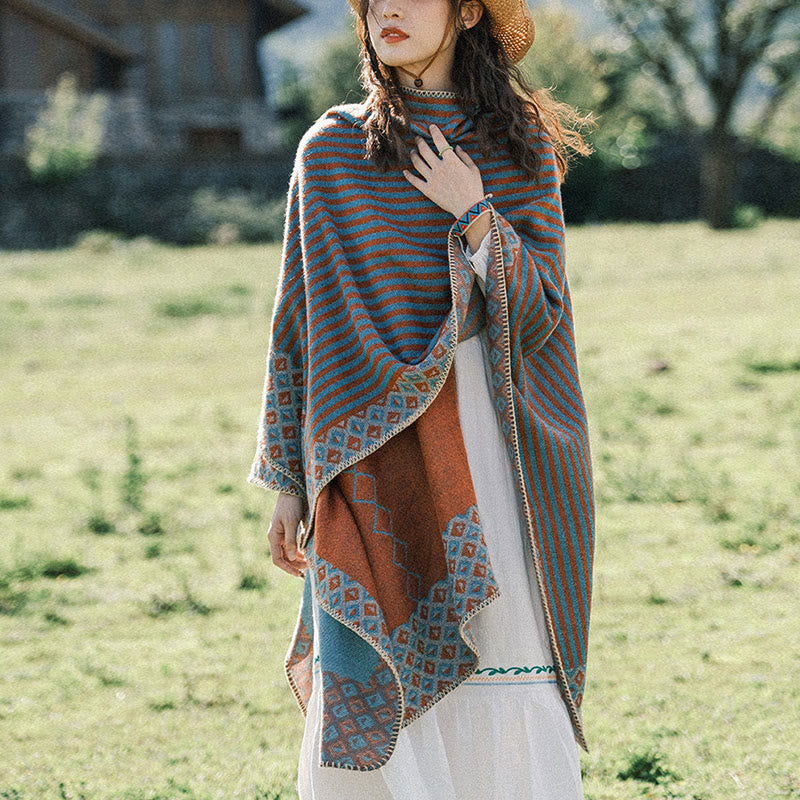 Tibetan Shawl Striped Diamond Pattern Winter Warm Soft Scarf - image 1