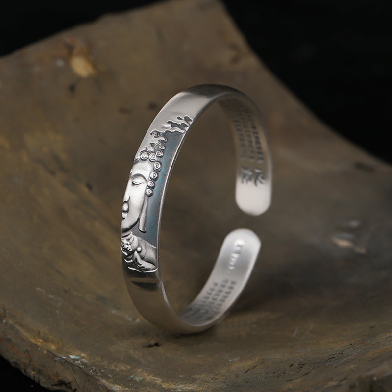 Buddha Stones 999 Sterling Silver Buddha Head Heart Sutra Serenity Bracelet Bangle - image 9