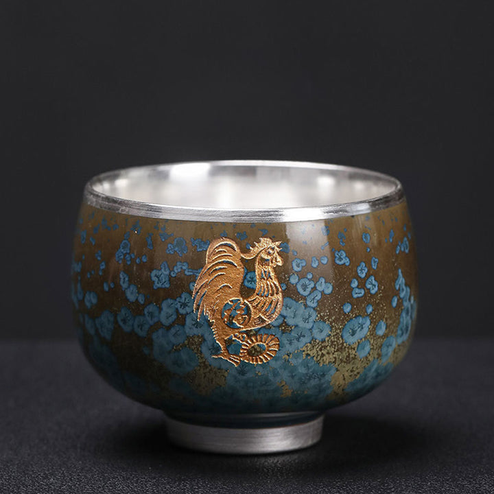 Buddha Stones 999 Gilt Silver Gilt Chinese Zodiac Ceramic Teacup Kung Fu Tea Cup 160ml