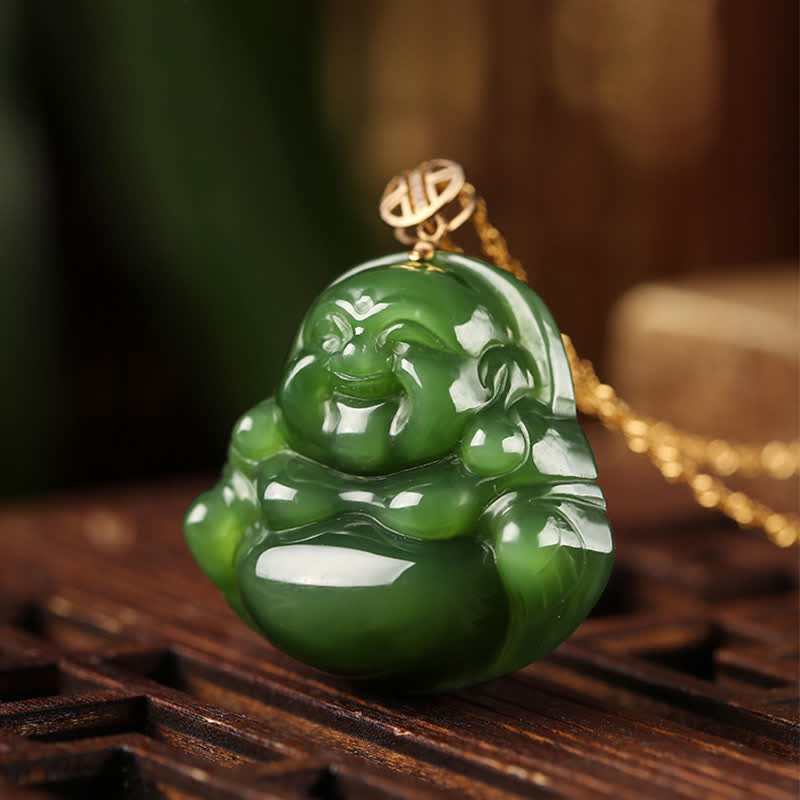 925 Sterling Silver Laughing Buddha Hetian Cyan Jade 18K Gold Success Necklace Chain Pendant - image 3