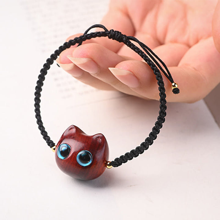 Buddha Stones Small Leaf Red Sandalwood Ebony Wood Cute Cat Head Calm Protection Braided Bracelet - image 3
