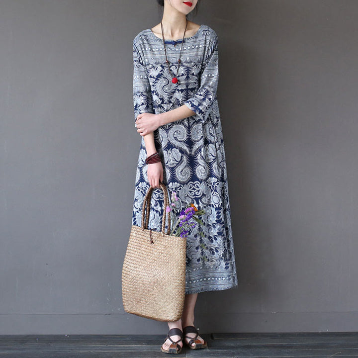 Buddha Stones Blue White Flower Printed Button Midi Dress Three Quarter Sleeve Cotton Linen Dress With Pockets