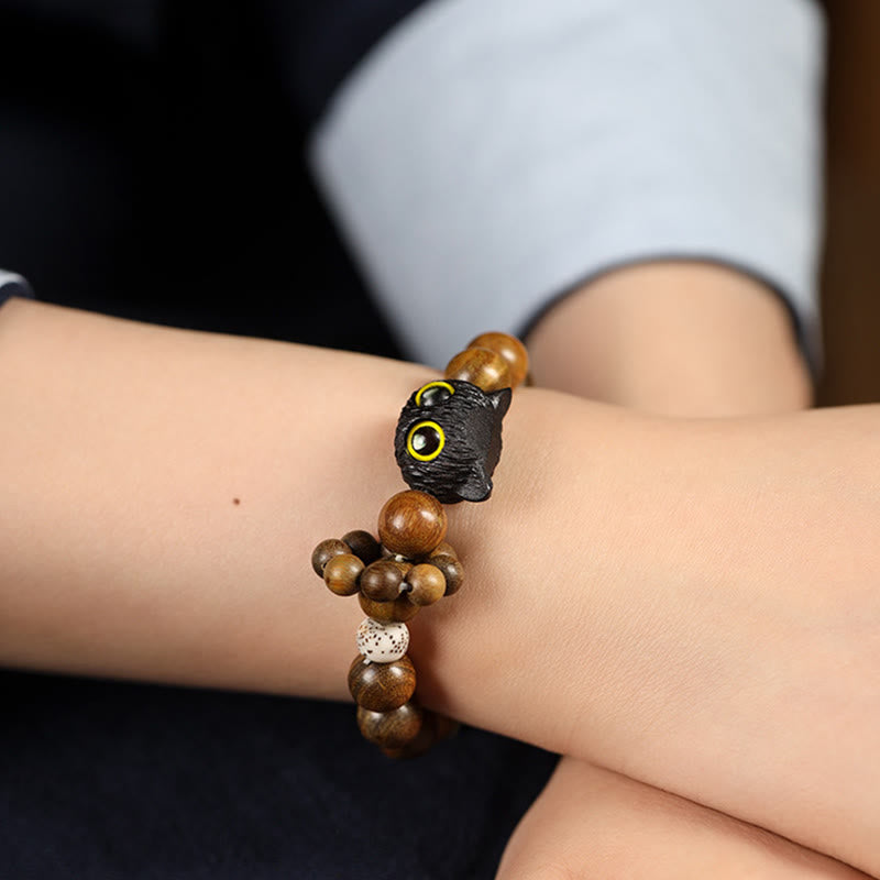 Buddha Stones Green Sandalwood Ebony Wood Cat Peace Soothing Bracelet - image 4