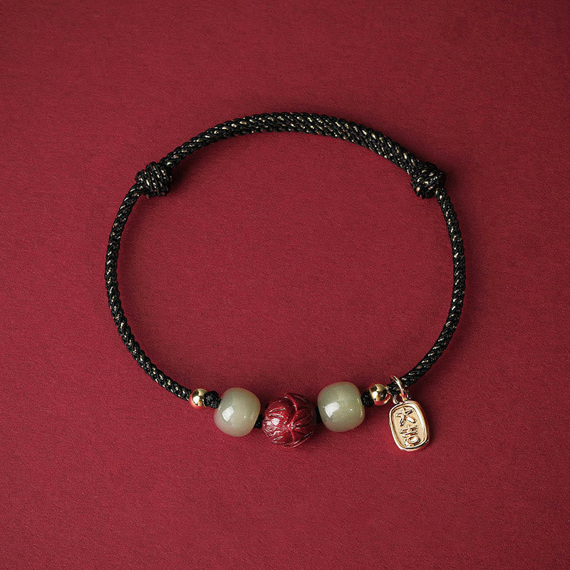 Buddha Stones 14K Gold Plated Hetian Jade Cinnabar Lotus Luck Handcrafted Rope Bracelet - Black Rope(Wrist Circumference 13-18cm) - image 6