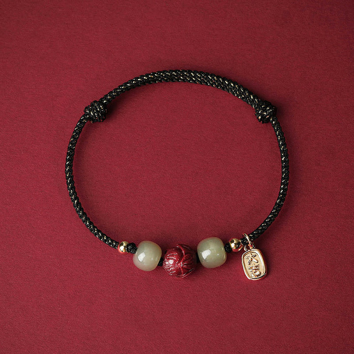 Buddha Stones 14K Gold Plated Hetian Jade Cinnabar Lotus Luck Handcrafted Rope Bracelet - Black Rope(Wrist Circumference 13-18cm) - image 6