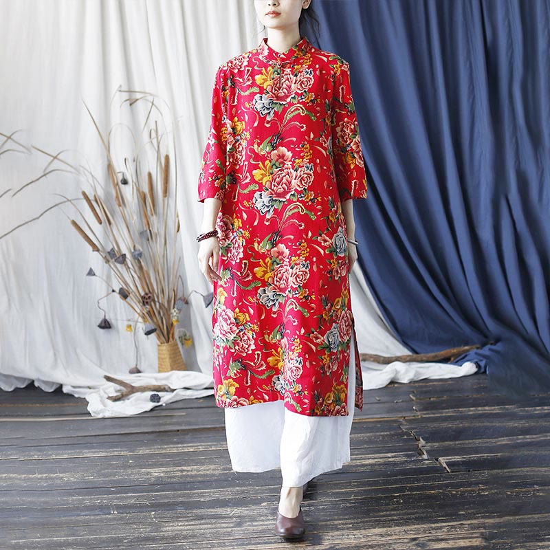 Buddha Stones Red Blue Peony Midi Dress Half Sleeve Cotton Linen Dress Wide Leg Pants With Pockets