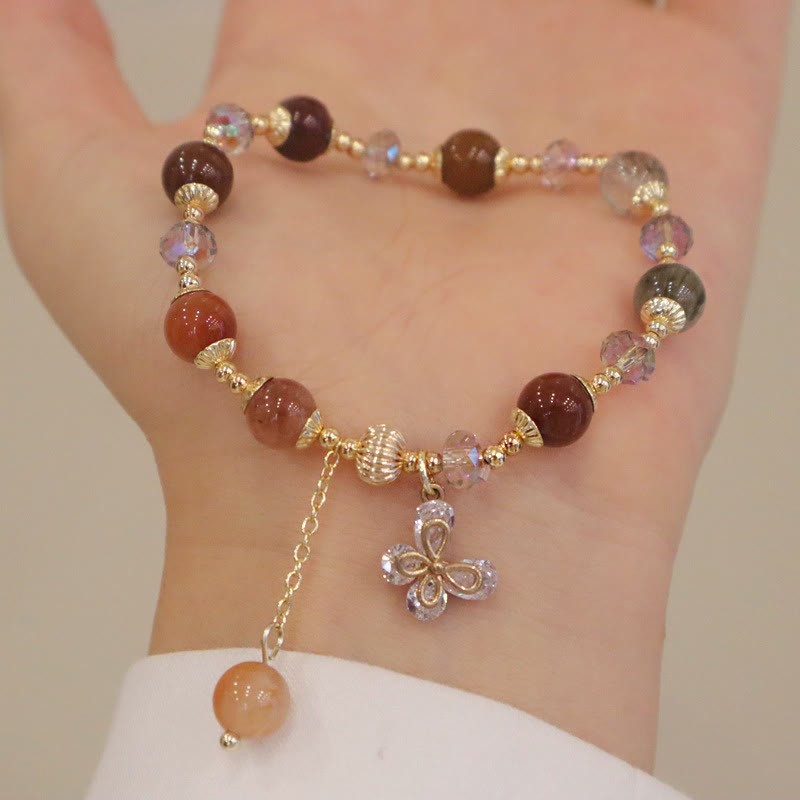 Buddha Stones Natural Fu Lu Shou Rainbow Crystal Rutilated Quartz Wealth Butterfly Charm Bracelet