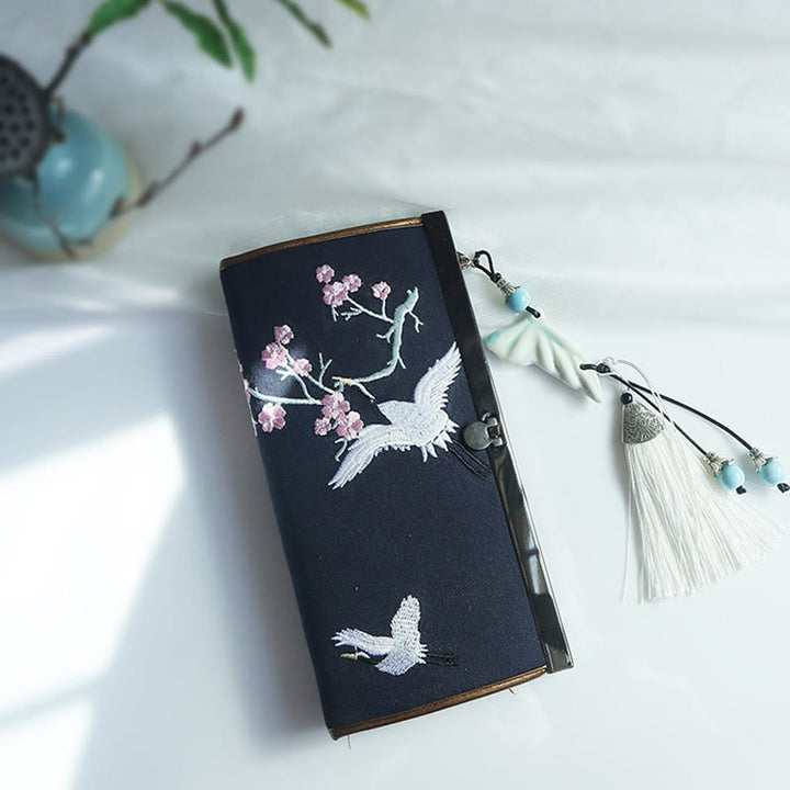 Flower Plum Peach Blossom Bamboo Double-sided Embroidery Large Capacity Cash Holder Wallet Shopping Purse - Navy Blue Cherry Crane - image 25