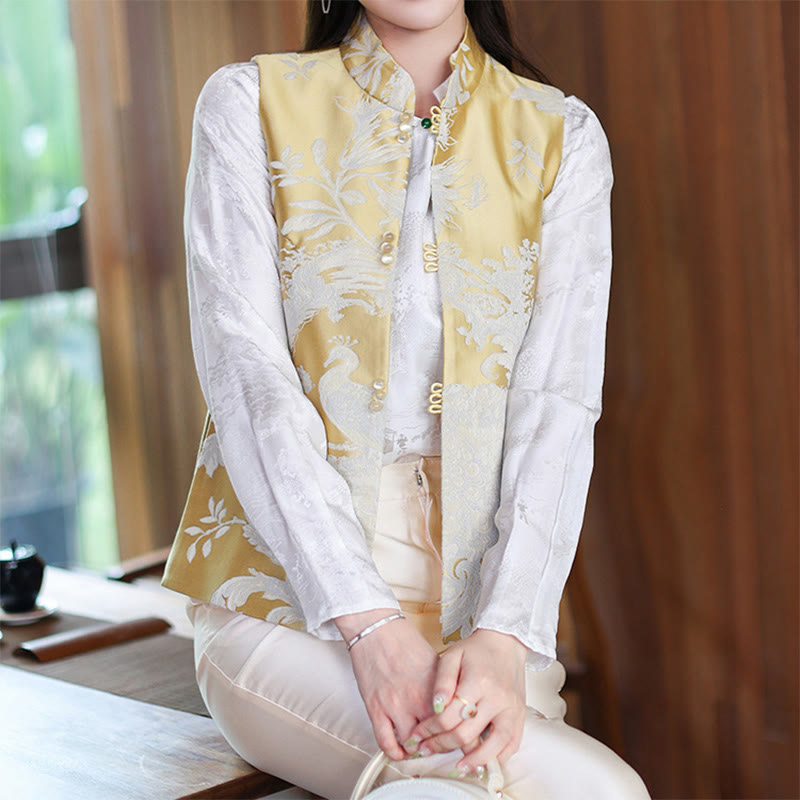 Buddha Stones Peacock Flower Pattern Tang Suit Design Vest Jacket