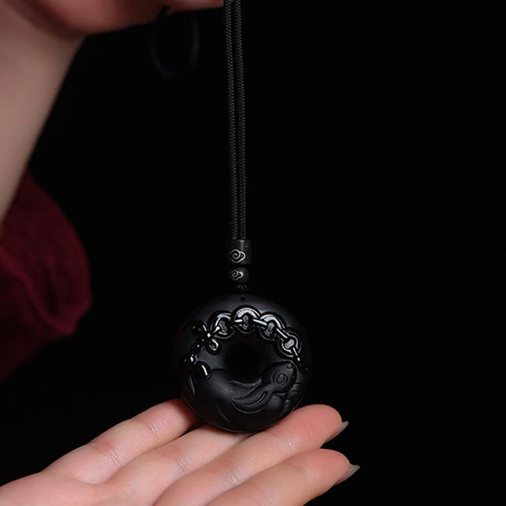 Buddha Stones Chinese Zodiac Natural Black Obsidian Peace Buckle Strength Necklace Pendant - image 10