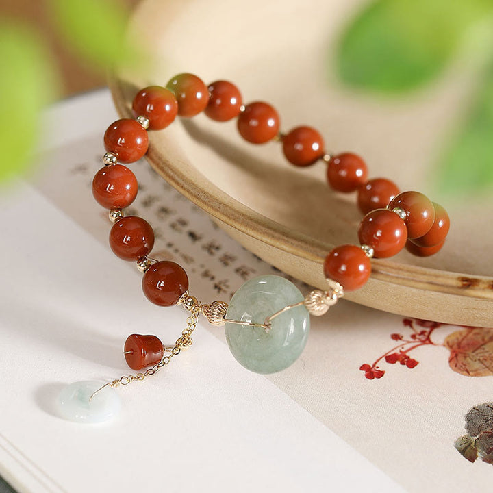 Buddha Stones 14k Gold Filled Jade Red Agate Peace Buckle Copper Coin Gourd Confidence Bracelet