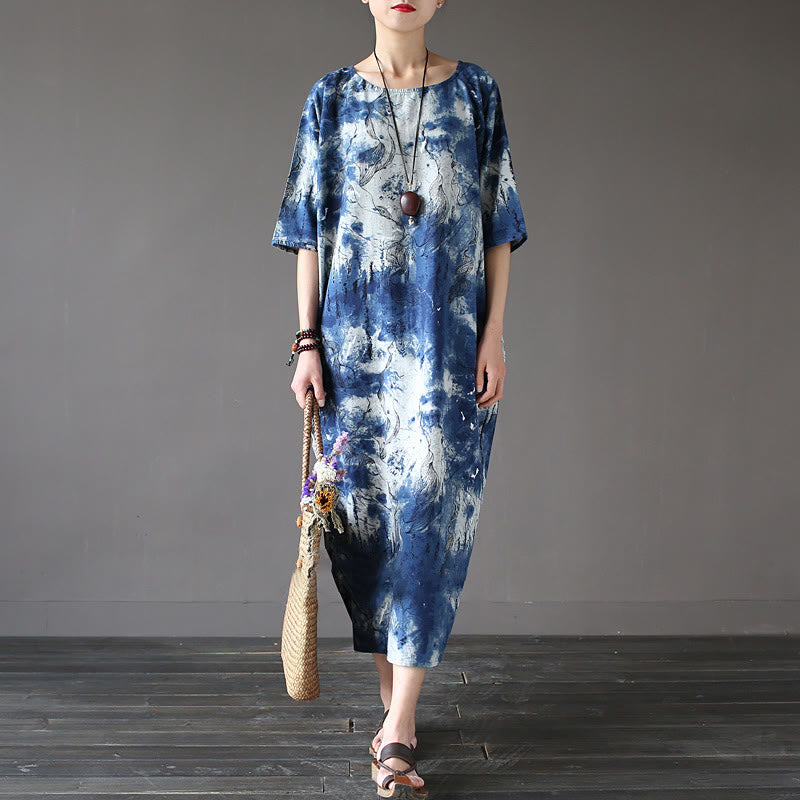 Buddha Stones Ink Tie Dye Midi Dress Three Quarter Sleeve Cotton Linen Dress With Pockets