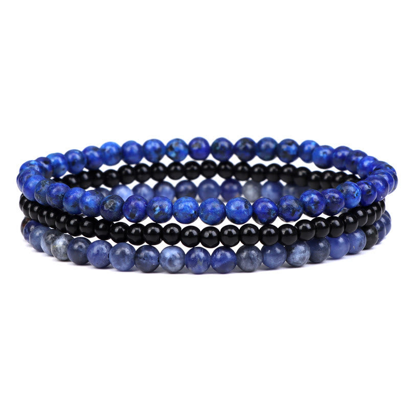 Buddha Stones 3Pcs Natural Crystal Stone Inner Peace Spiritual Bracelet - 4mm Lazurite&Black Glass Beads&Sodalite(Wrist Circumference 15-16cm) - image 8