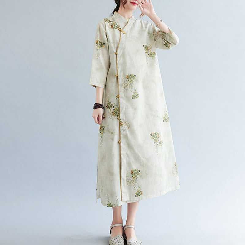 Buddha Stones Flowers Green Yellow Leaves Print Cheongsam Midi Dress Three Quarter Sleeve Dress With Pockets