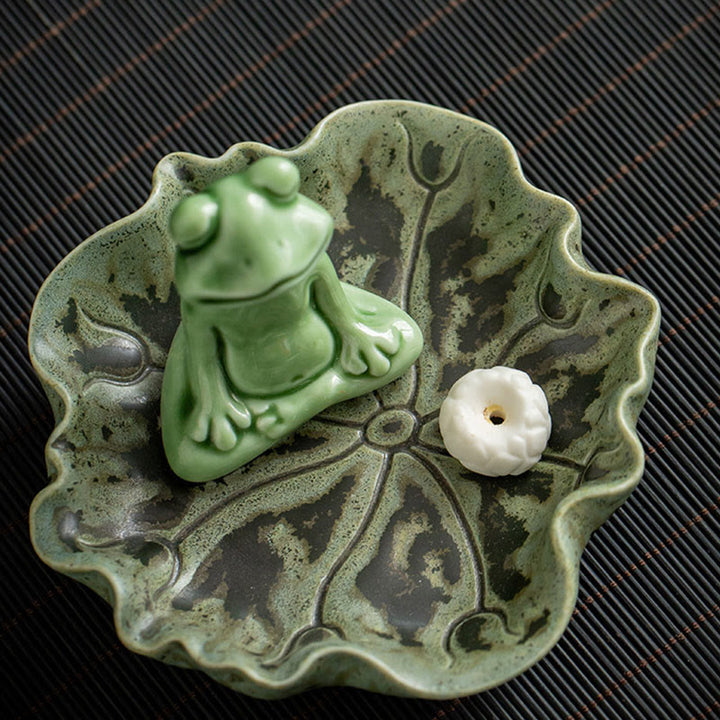 Buddha Stones Leaf Meditation Frog Pattern Healing Ceramic Incense Burner Decoration - image 2