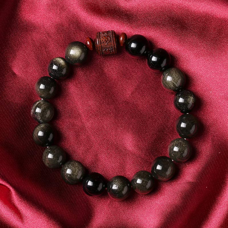 Buddha Stones Natural Gold Sheen Obsidian Rainbow Obsidian Om Mani Padme Hum Fu Character Healing Bracelet