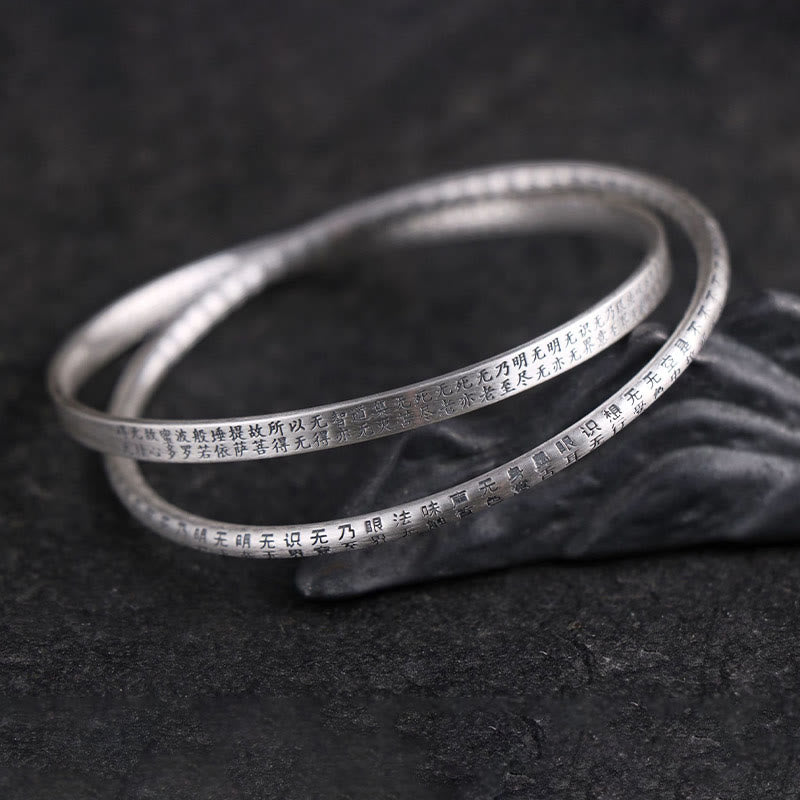 Buddha Stones 999 Sterling Silver Heart Sutra Carved Protection Bracelet Bangle - image 3