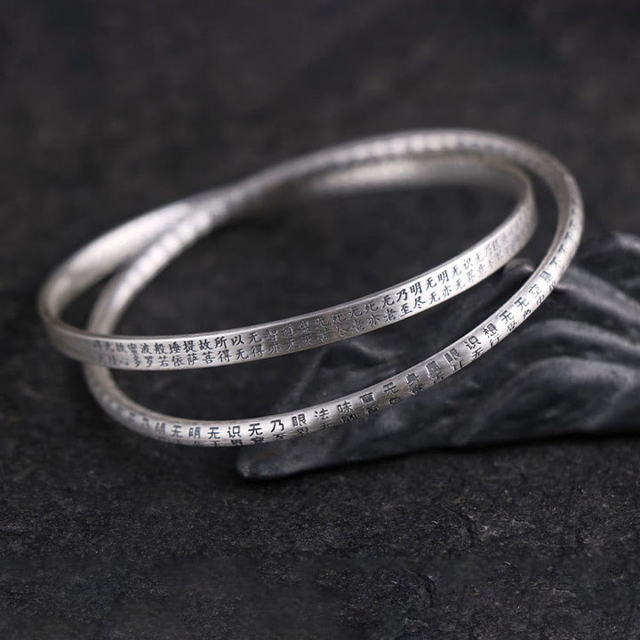 Buddha Stones 999 Sterling Silver Heart Sutra Carved Protection Bracelet Bangle - image 3