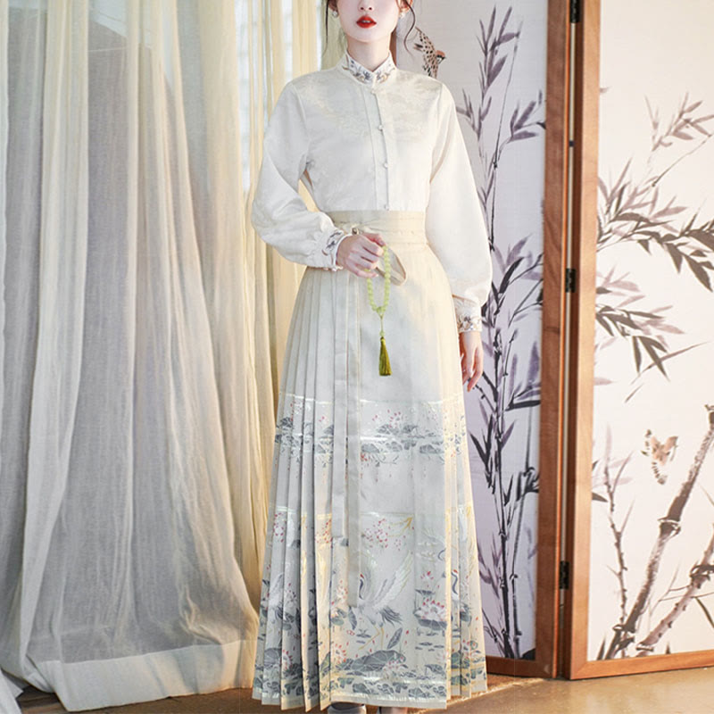 Buddha Stones Long Sleeve Shirt Top Chinese Hanfu Crane Lotus Printed Horse Face Skirt Mamianqun