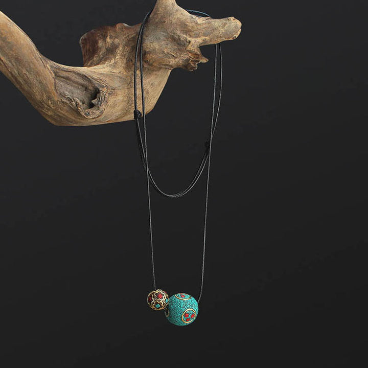 Buddha Stones Tibetan Turquoise Double Bead Protection Strength Necklace Pendant - image 1