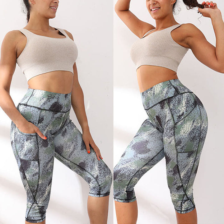 Buddha Stones Camo Print Solid Color Sports Yoga High Waist Leggings Women's Yoga Capri Pants