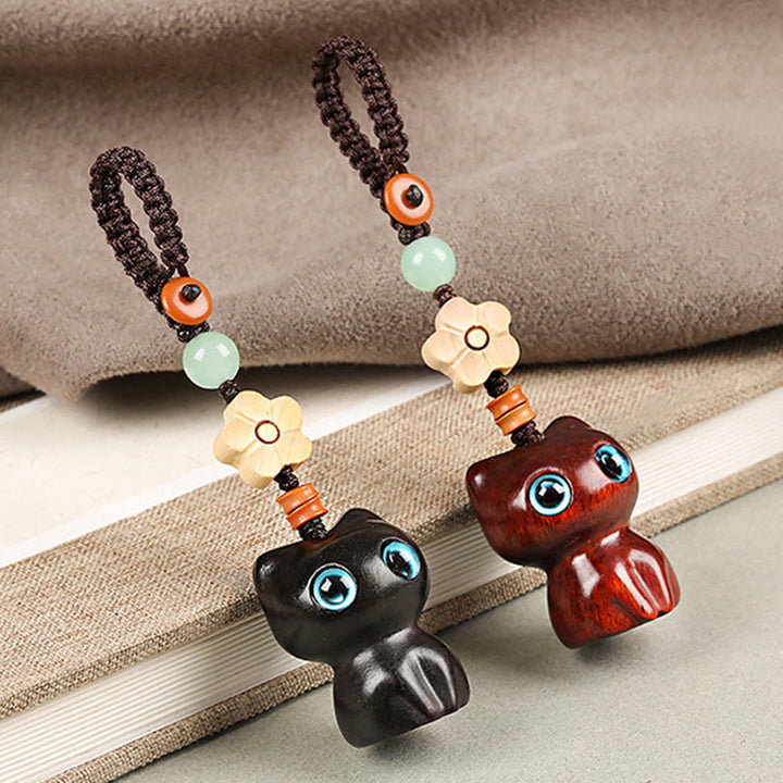 Buddha Stones Mini Small Leaf Red Sandalwood Ebony Wood Lucky Cat Lovely Kitty Peace Key Chain Phone Hanging Decoration - image 13