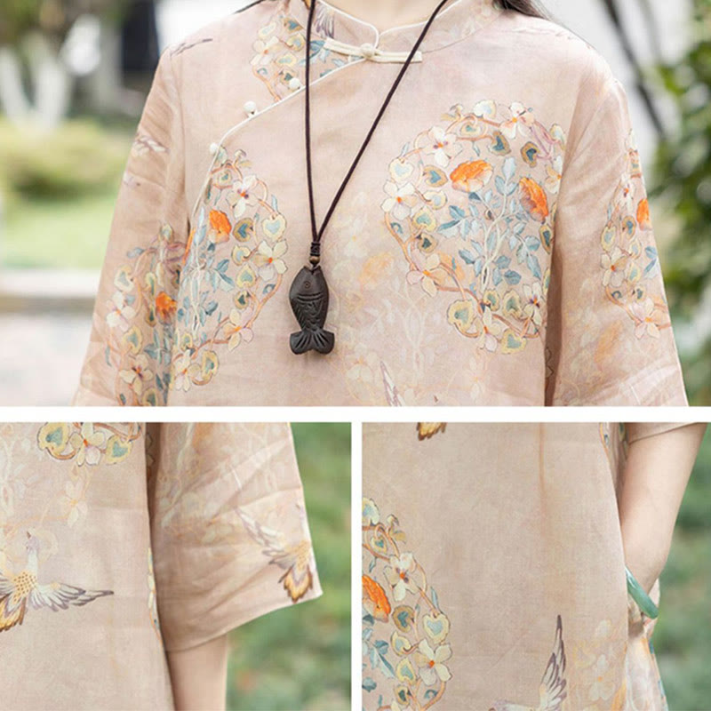 Buddha Stones Orange Flower Bird Print Cheongsam Midi Dress Cotton Linen Half Sleeve Dress With Pockets