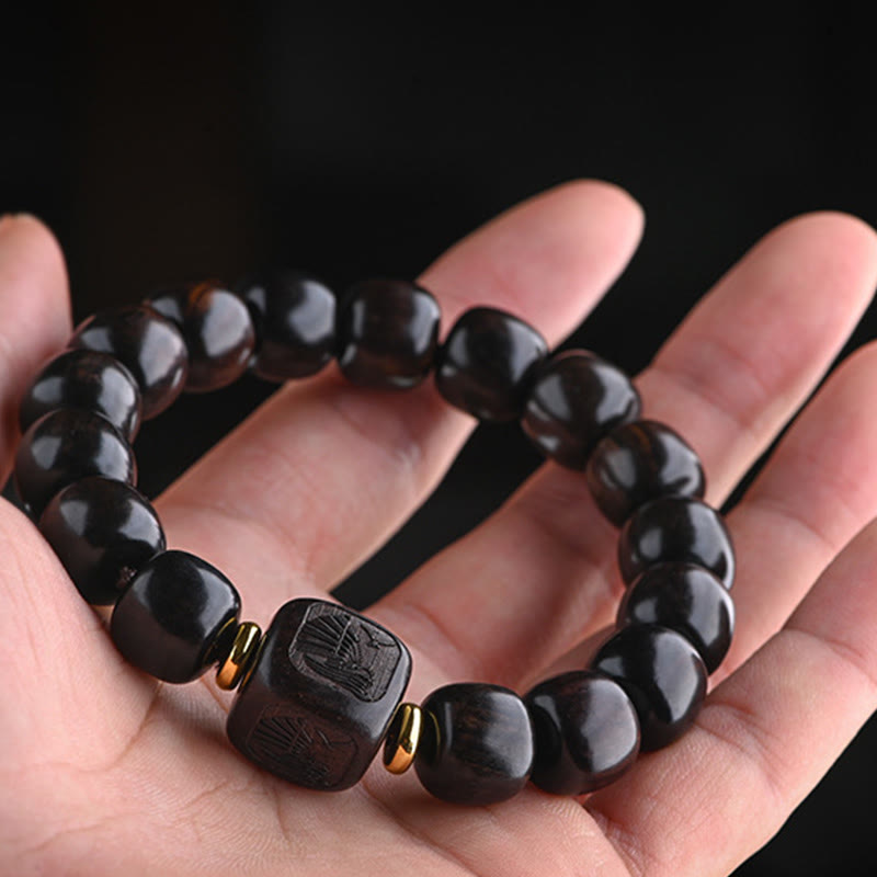 Buddha Stones Tibetan Ebony Wood Barrel Beads Lucky And Treasure Balance Bracelet