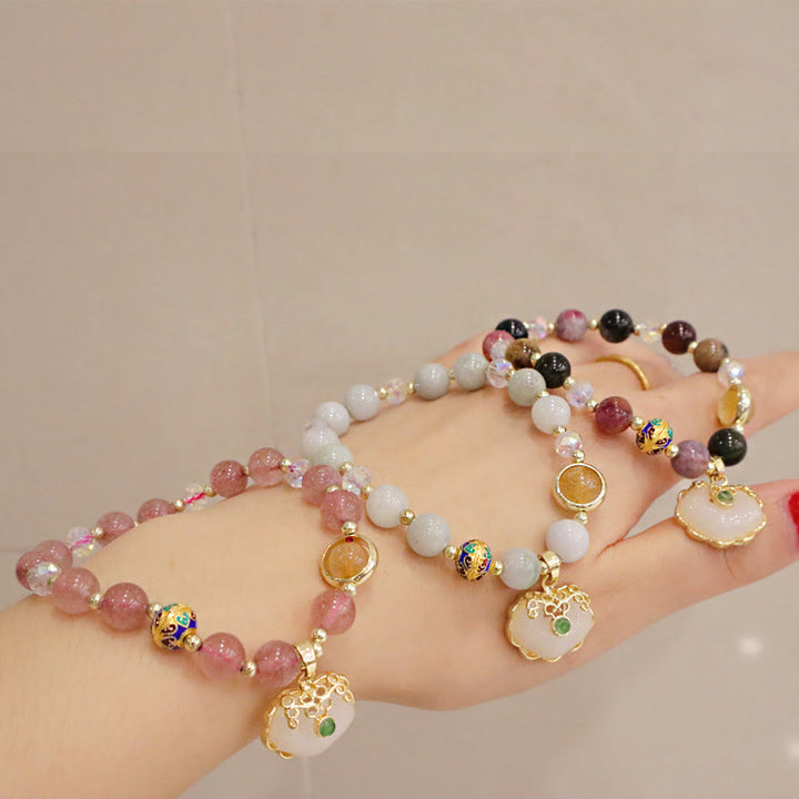 Buddha Stones Strawberry Quartz Green Crystal Amethyst Healing Chinese Lock Charm Bracelet