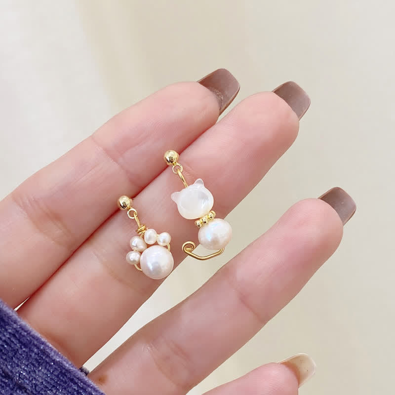 Buddha Stones Cute Cat Paw Pearl Wisdom Stud Drop Earrings - image 2